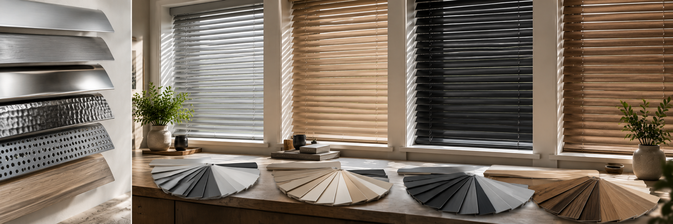 Aluminium blinds slat width against wood: 25mm compared with 35mm and 50mm
